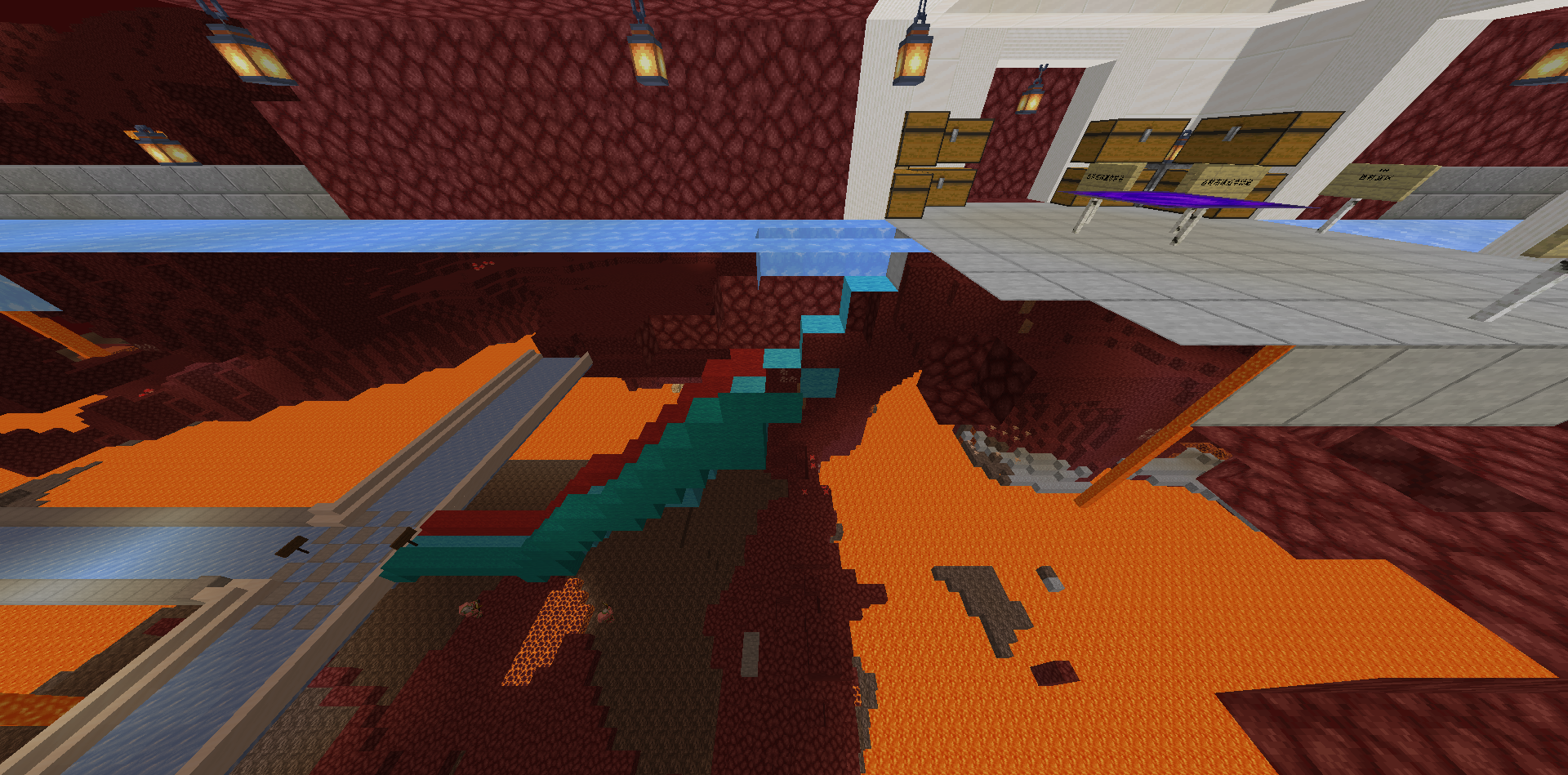 光说好像不太形象，看图吧（左下角那个上下向的大冰道就是中心冰道南区，中间这个红蓝绿色的羊毛桥就是我搭的路，右上角这个就是去往西村新区的， 